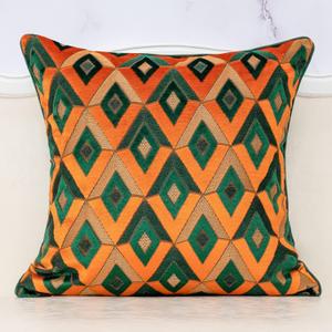 Alerfa Square Pillow Geometric Plaid Embroidery Cut Velvet Cushion Case Luxury Modern Throw Pillow Cover Decorative Pillow for Couch Sofa Living Room Bedroom Car 20 x 20 Inch Teal Orange