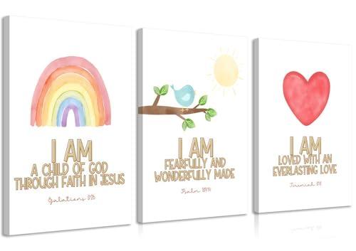 3Pcs Nursery Bible Verse Canvas Wall Art Colorful Rainbow Motivational Affirmation Wall Decor Pictures Christian Kids Scripture Introduction Posters Prints for Kids Room Nursery Home Decoration