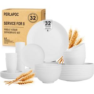 Wheat Straw Dinnerware Sets Service for 8, 32 Piece Plates and Bowls Sets, Microwave & Dishwasher Safe Dishes, Perfect for Kitchen Camping Picnic RV Dorm - White