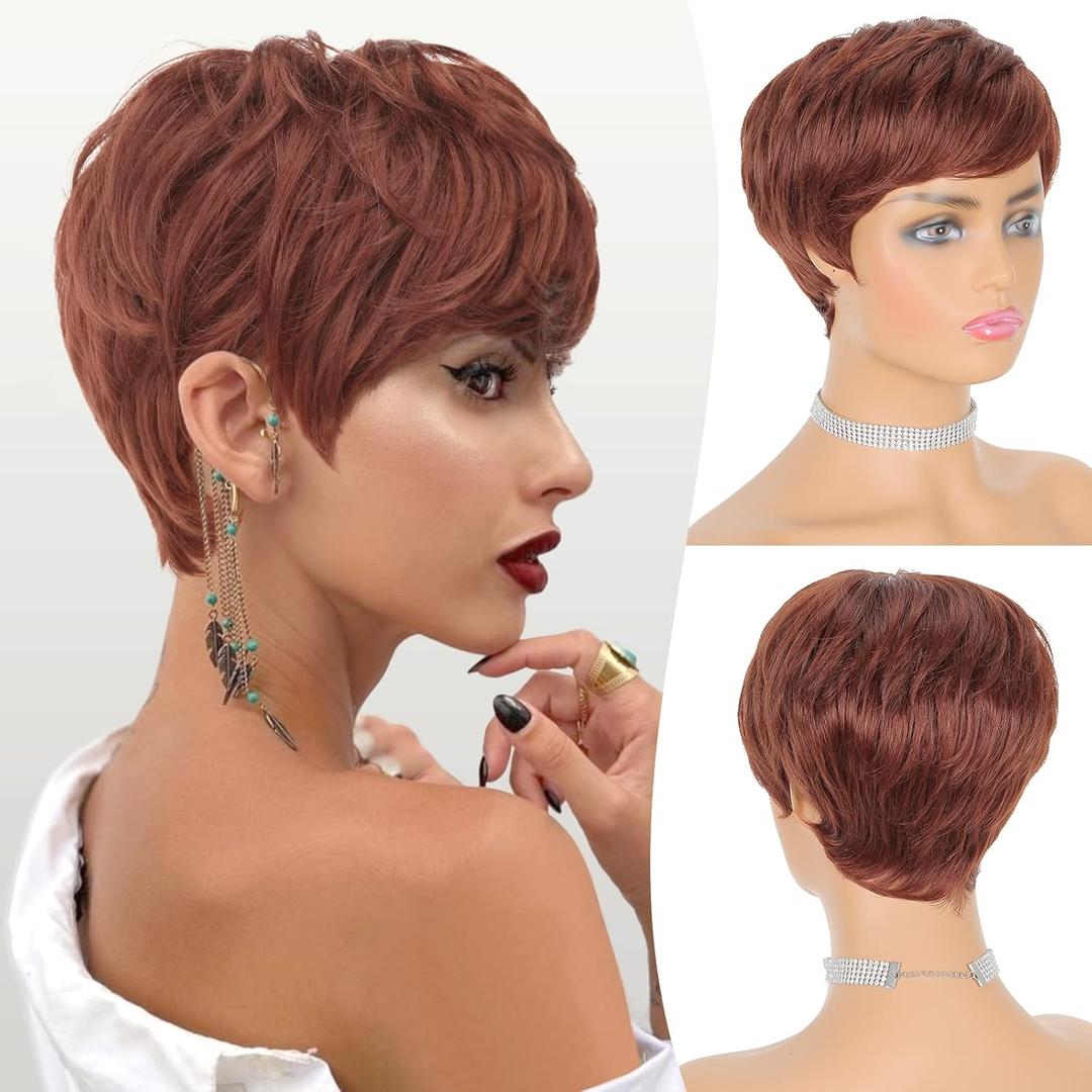 FESHFEN Pixie Cut Wigs Synthetic Short Copper Red Pixie Haircut Wig with Bangs Glueless Layered Wig Wavy Wigs for Women, Daily Cosplay Use