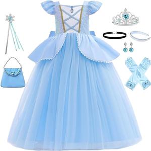 WYB Girls Princess Costume Dresses Blue Princess Dress Up Clothes with Accessories for Halloween Cosplay Carnival Party (4-5 years)