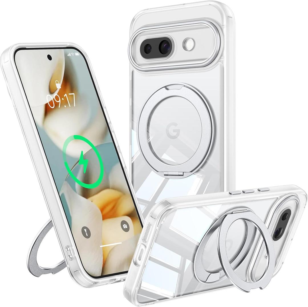 360 Spin Magnetic Stand Case for Google Pixel 9A Fit for MagSafe & Pixelsnap Cover with Ring Holder No-Yellow Crystal Clear Camera Protection Phone Google Pixel 9A Case - Clear