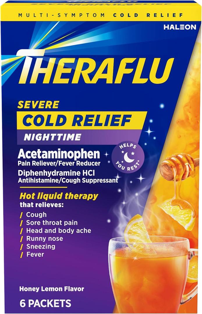 Theraflu Nighttime Severe Cold Relief Honey Lemon Flavor Powder - 6 Ct,  2 Packs, Best by April 2028