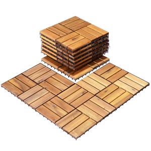 10 PCS Interlocking Patio Deck Tiles, 12 x 12in Acacia Hardwood Outdoor Flooring Tiles, 10 sq.ft Wood Composite Deck Flooring Pavers for Outdoor Indoor, Tools Free Assembly, Checker Pattern