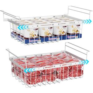 iSPECLE Chest Freezer Organizer - 2 Pack Hanging Freezer Organizer Bins with Expandable Handle for 10 to 20 Cu.Ft, Sort and Easy Slide to Get Bottom Frozen Food, Sturdy Baskets, White