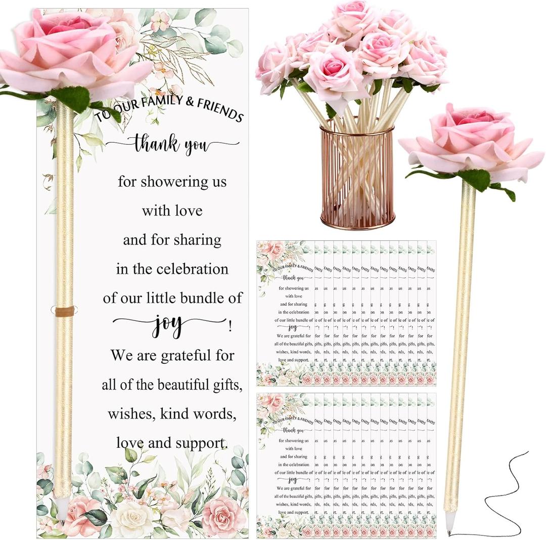 Spakon 50 Sets Baby Shower Party Favors Pen for Guests with Thank You Cards, Baby Shower Gifts Retractable Rose Ballpoint Pen for Guest Friend Gender Reveal Party Souvenir Prize