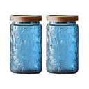 Set of 4 Vintage Blue Glass Storage Jars with Wood Lids, 34oz Kitchen Canisters for Coffee, Sugar, Cookies, Candy – Decorative Pantry Organizers (Blue 4 , 34 Ounces)