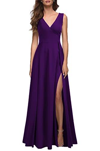 MUSHARE Women's V Neck Sleeveless Split Formal Dress Cocktail Party Prom Long Dresses Purple, S