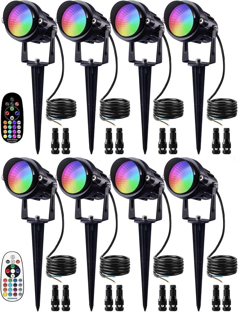 SUNVIE 12W RGB Color Changing Landscape Lights Low Voltage LED Landscape Lighting Remote Control Spotlight Waterproof Garden Yard Halloween Christmas Decoration Outdoor, 8 Pack with Connector