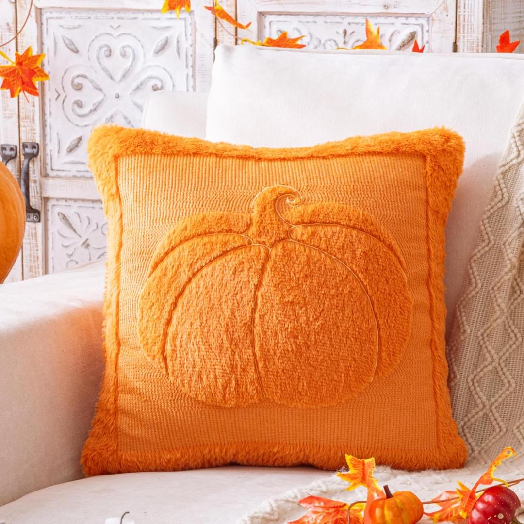 2 x AQOTHES 1PCS Pumpkin Fall Orange Throw Pillow Covers 18 x 18 Soft Plush Couch Sofa Pillows Cushion Covers Cases for Autumn Harvest Farmhouse Halloween Home Decorations