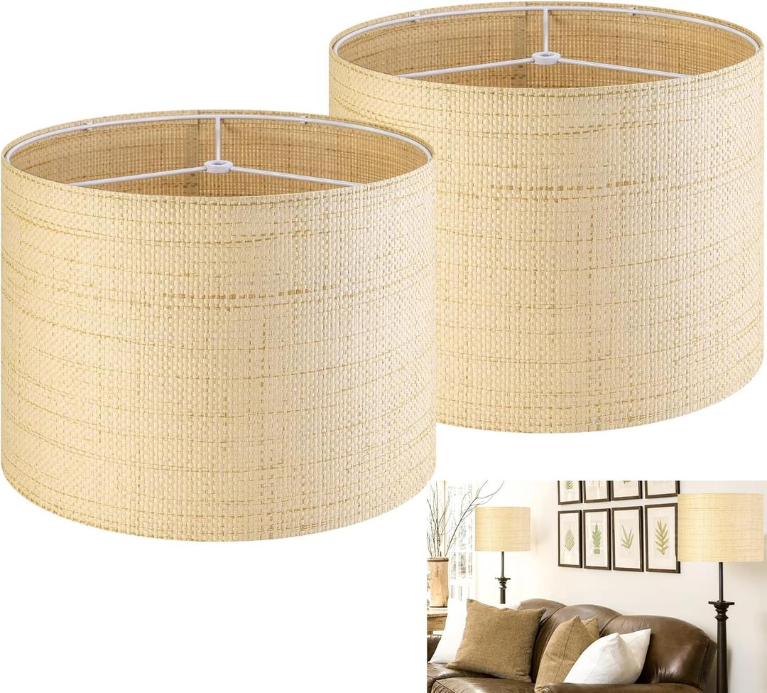 GO&SO Large Drum Lamp Shades Set of 2 Woven Lampshades, 16" L x 12" H (E26 Spider),Farmhouse Lampshades For Floor Lamps & Table Lamps, Hand Crafted Replacement Lamp Shade, Easy Assembly Required
