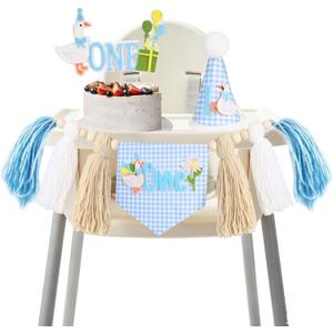 Goose 1st Birthday High Chair Banner - One Silly Goose Decorations, Flower Lawn Party Photo Props, Silly Goose Blue Tassel Garland, Prince Goose Smash Cake Highchair Garland