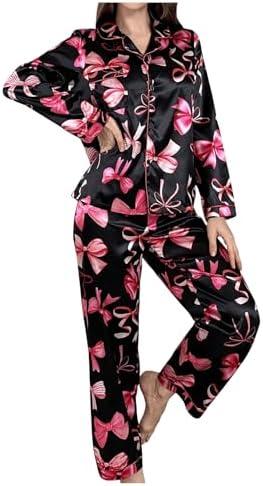 Verdusa Women's Silk Pajamas 2 Piece Satin Cute Bow Long Sleeve Button Down Shirt and Pants Lounge Set XL