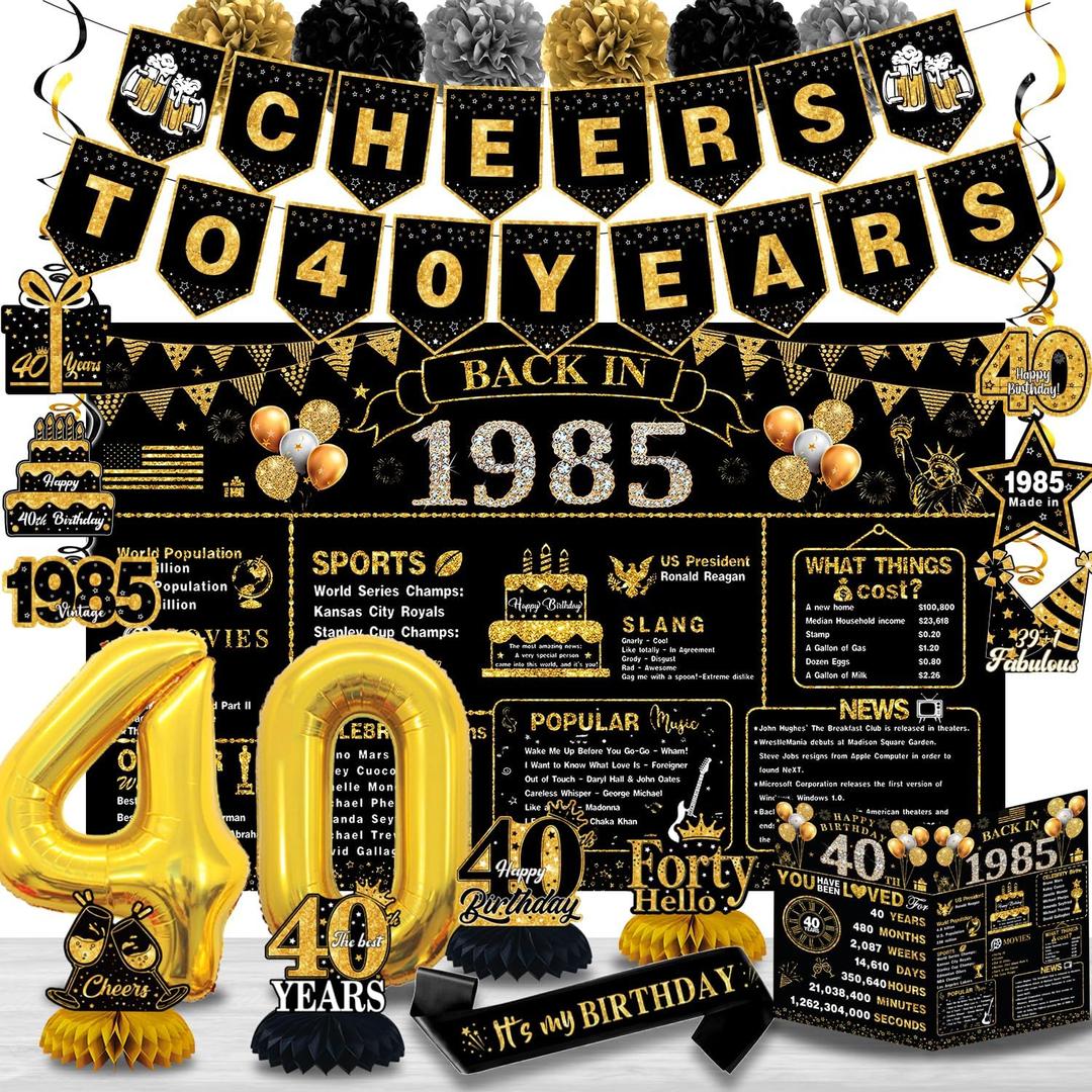 40th Birthday Decorations for Men Women, 22pcs Back in 1985 Banner Theme Decorations, 40 Number Balloons, Cheer 40th Backdrop, Guest Book, Honeycomb Centerpiece, Hanging Swirl, Paper Poms, Sash.
