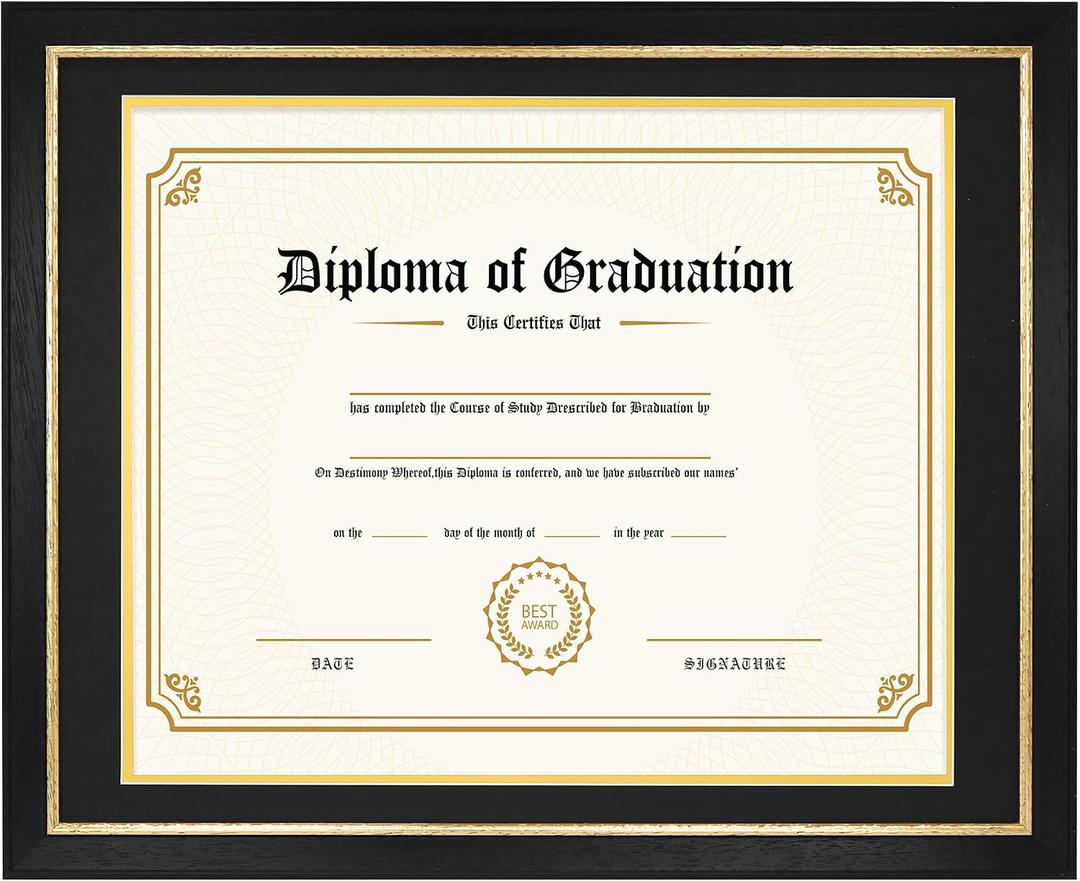 FramePro 14x17 Diploma Frame with Black over Gold Mat, 16x20 Certificate Frame, Real Wood with Gold Trim, Black with Tempered Glass