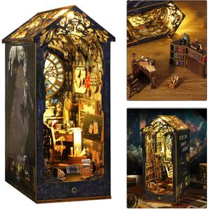 ISSEVE DIY Book Nook Kit, 3D Wooden Puzzle DIY Miniature House Kit for Booknook Shelf Insert Decoration, Magic Book House Stand Bookshelf Dollhouse for Adults with Sensor Light (Detective Agency)
