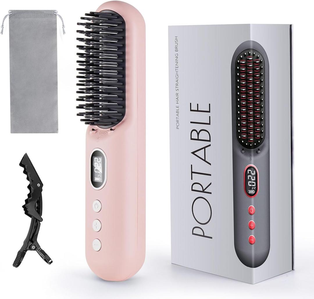 LAMA Cordless Hair Straightener Brush - Portable Hair Brush - 20s Fast Heating - 130 Million Plasma for Frizz-Free Shine, 9000mAh Mini Hair Straightener Comb for Women Travel, LED Display Hot Comb,PK (Light Pink)