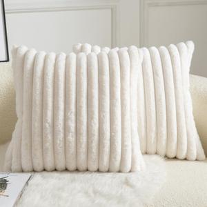 MANDIOO Pack of 2 Decorative Throw Pillow Covers Faux Fur Striped Plush Soft Cushion Covers Pillow Cases Bedroom Living Room Sofa Home 16x16 Inch Cream White