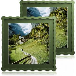 12x12 Wavy Picture Frame With Mat For 8x8, Wavy Edge Wooden Picture Frame with Real Glass - Wall Mount Display, Green, 2 Pack