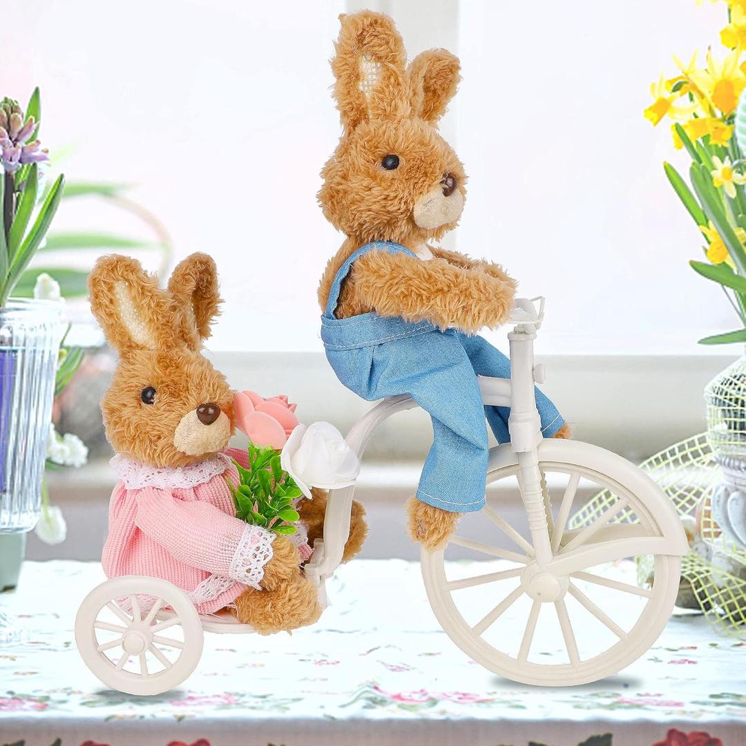 Juegoal Easter Tabletop Decorations Plush Bunny Couple, 9.8" (L) x 11" (H) Easter Rabbits Ride a Bike, Cute Animal Figurine for Girls' Gift, Easter Basket Filler Spring Home Kitchen Room Ornament