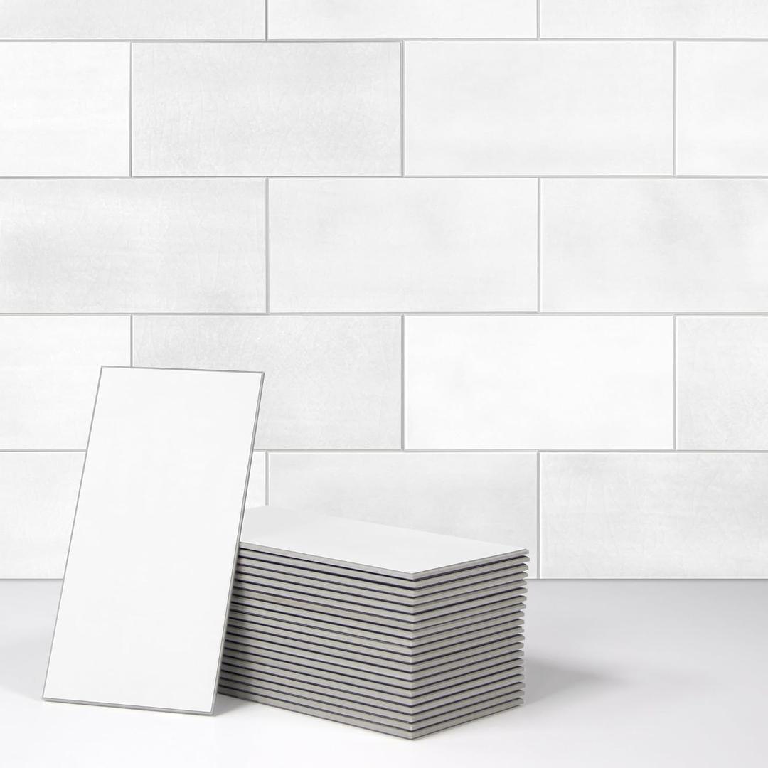SUNWINGS 100-Sheet Subway Peel and Stick Backsplash Tile, 6" x 3" White Mixed Stone Composite Handmade Looks Self Adhesive Waterproof Wall Tile, Stick on Tiles for Kitchen Bathroom Shower Fireplace