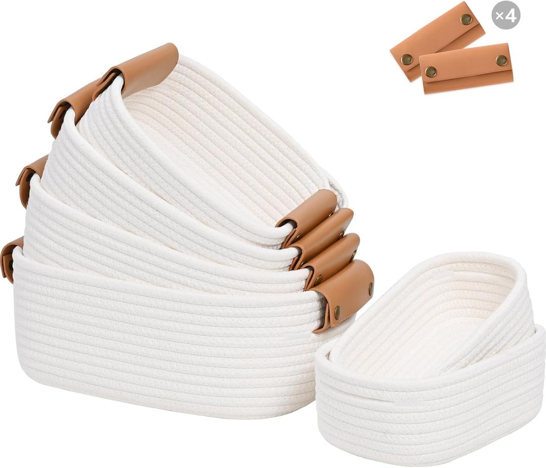 Degeyoyo Storage Basket Set of 6 - 4 with Leather Handle & 2 Small Gift Baskets - Woven Storage Cotton Rope Basket for Organizing, Rectangle Bins for Shelves, Nursery, Dog Toy, Bathroom