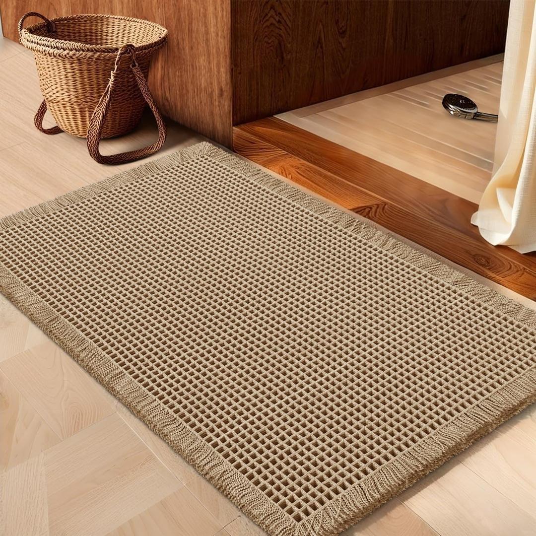 Boho Woven Modern Bath Mat Rugs, Absorbent Non Slip Bathroom Rugs, Soft Washable Bath Rugs with Tassels for Bathroom, Bedroom, Kitchen, Shower, Tub