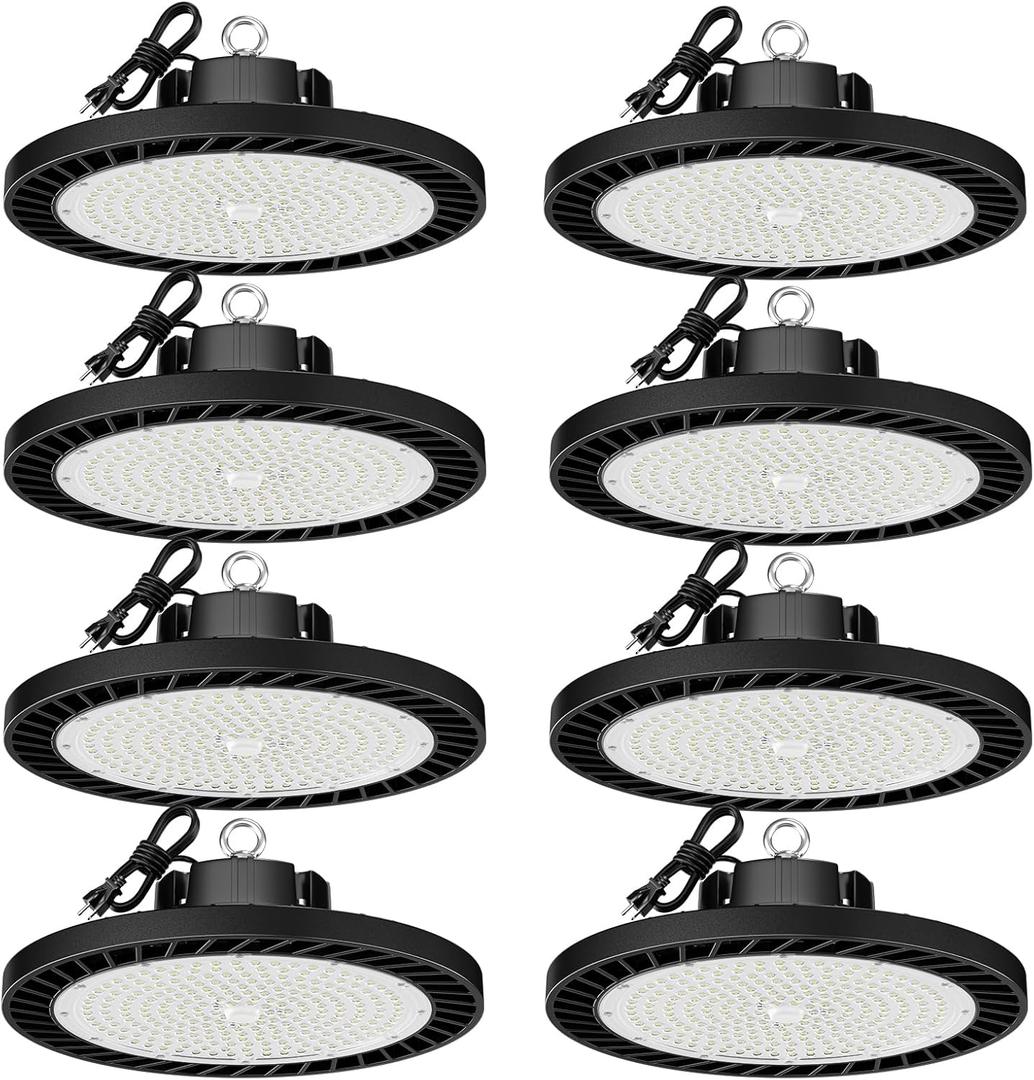 8 Pack 150W UFO LED High Bay Lights, 5000K Daylight, Super Bright 22500 LM, AC100-277V, High Bay Led Shop Lights with US Plug 5ft Cable for Garage Plug & Play Lighting for Warehouse