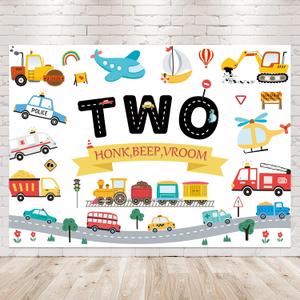 Transportation Theme 2nd Birthday Backdrop 7Wx5H Photography for Kids Boys Car Train Plane Sailboat Background Cartoon Cute Vehicle Traffic Party Decorations Banner Photo Booth Props Supplies