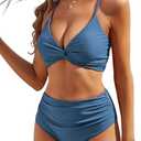 ZAFUL Twist High Waisted Bikini for Women Cross Lace Up Bathing Suit Ruched Bikini Swimsuits Tummy Control Swimwear 8-10