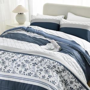 Bedduvit Navy King Size Comforter Set - 100% Cotton Floral Bedding Sets, All Season Reversible Botanical Luxurious Comforters, 3pcs Vintage Pleated Striped Quilt, Geometric Pattern, Blue/White/Gray (King (90"*104"), Navy Blue/Gray)