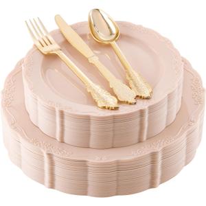 DaYammi 150Pcs Pink Plastic Plates & Gold Plastic Silverware,Pink Disposable Plates for Party Include 30 Dinner Plate,30 Dessert Plate,30 Gold Forks and 30 Spoons, 30 Knives for Wedding Bridal Shower