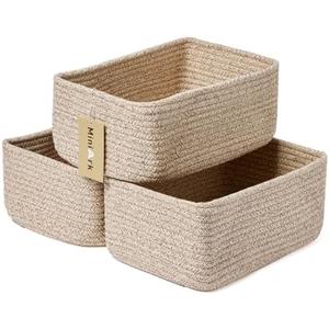 MiniArk Small Storage Baskets for Organizing | Closet Organizer Bins | Shelf Toy Basket | Woven Rope Baskets | Cube Decorative Box | Shallow Basket | 11.5x7.5x4.7” | 3 Packs Mixed Brown