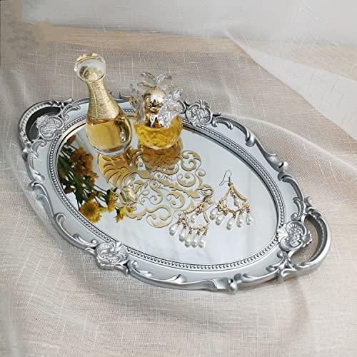 Yamfurga Oval Printed Decorative Mirror Tray, French Style, Mirror, Makeup Organizer, Jewelry Organizer, Serving Tray, 9.8"x 14.6", Silver