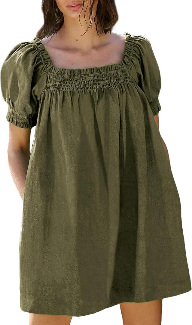 Huaqiao Womens Summer Mini Dress 2026 A-Line Square Neck Puff Sleeve Beach Sundress Casual Short Dress with Pockets (Green-L)