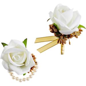 SITUMEIZI 2Pcs Corsage and Boutonniere Set Corsage Wristlet for Prom Decor Boutonniere for Men Wedding Flowers Accessories Party Suit Decoration(Platinum)
