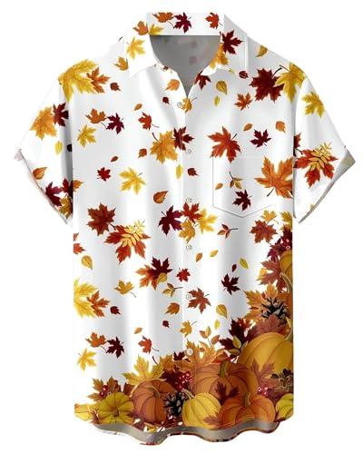 Mens Thanksgiving Shirt Pumpkins and Autumn Leaves Print Hawaiian Casual Button Down Shirts.S