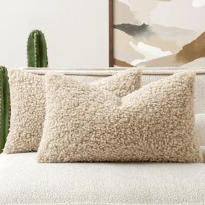 Woaboy Faux Fur Throw Pillow Covers 20x12 Inch Set of 2 Boucle Neutral Decorative Lumbar Sherpa Fuzzy Accent Soft Sheepskin Fleece Cushions Modern Home Decor for Couch Sofa Bedroom Living Room, Oatmeal