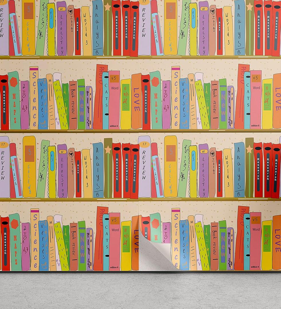 Lunarable Bookcase Peel & Stick Wallpaper for Home, Colorful Style Illustration of a Library Book Shelves Modern Reading Concept, Self-Adhesive Living Room Kitchen Accent, 13" x 36", Multicolor