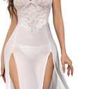 Sexy Split Mesh Lace Floral Sheer Babydoll Lingerie Outfit Dress 2 Piece with Thong Set (Medium, Long White)