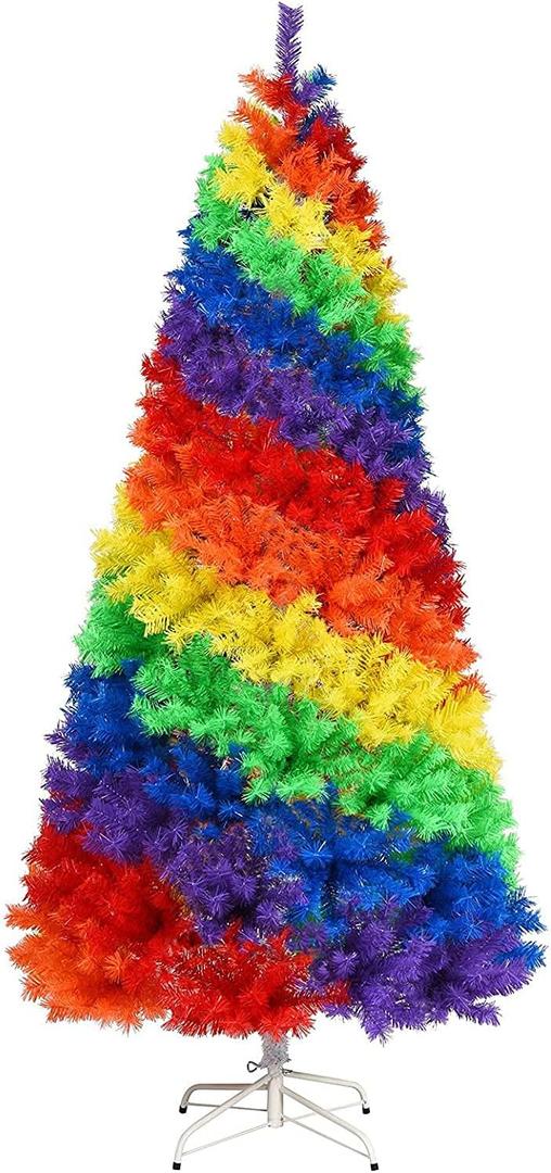 DORTALA Rainbow Christmas Tree 7FT, Full Fir Hinged Xmas Tree with 1213 Branch Tips, Metal Stand, Pride Christmas Tree for Indoor Outdoor Holiday Seasonal Decoration