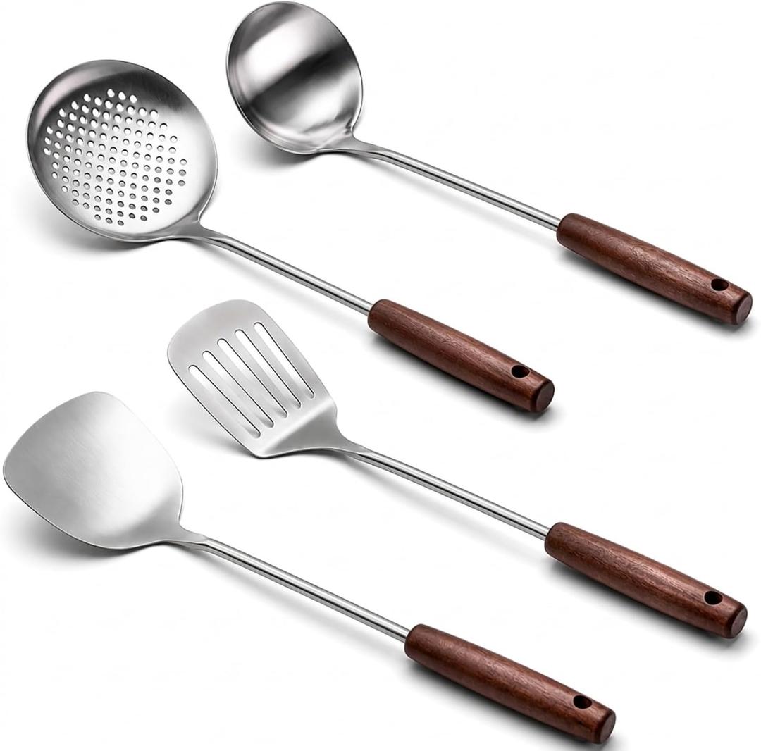 4-Piece Stainless Steel Wok Utensil Set, Anti-Scald Wooden Handle Wok Spatula & Ladle for Carbon Steel Woks