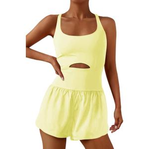 ReachMe Womens Running Onesie Workout Rompers Athletic Romper One Piece Outfits Exercise Jumpsuits Gym Yoga Clothes (Small, 0 Lemon Yellow)