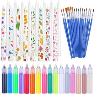 MTLEE 48 Pcs DIY Candle Painting Kit Include 16 White Taper Candles 16 Vibrant Colors Candle Wax Pen 16 Paint Brushes for DIY Crafts Festival Birthday Wedding Party Favors(9.8'')