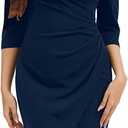 Navy Blue Midi Pencil Dress for Women Bodycon Wrap Ruched Design Dresses 3/4 Sleeve Knee Length Sheath Cocktail Party Wedding Guest Work Office Events, Large