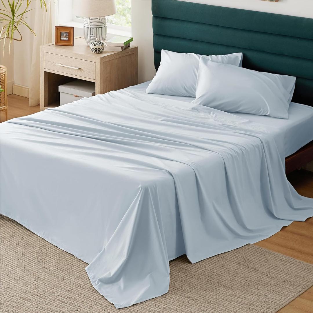 Bedsure 100% Cotton Percale Sheets Queen Size, Queen Sheet Set with Deep Pocket Up to 16 Inches, Breathable & Crirsp Soft, Bedsheet & Pillowcase Sets, 4 Pieces, Blue (07 - Sky Blue)