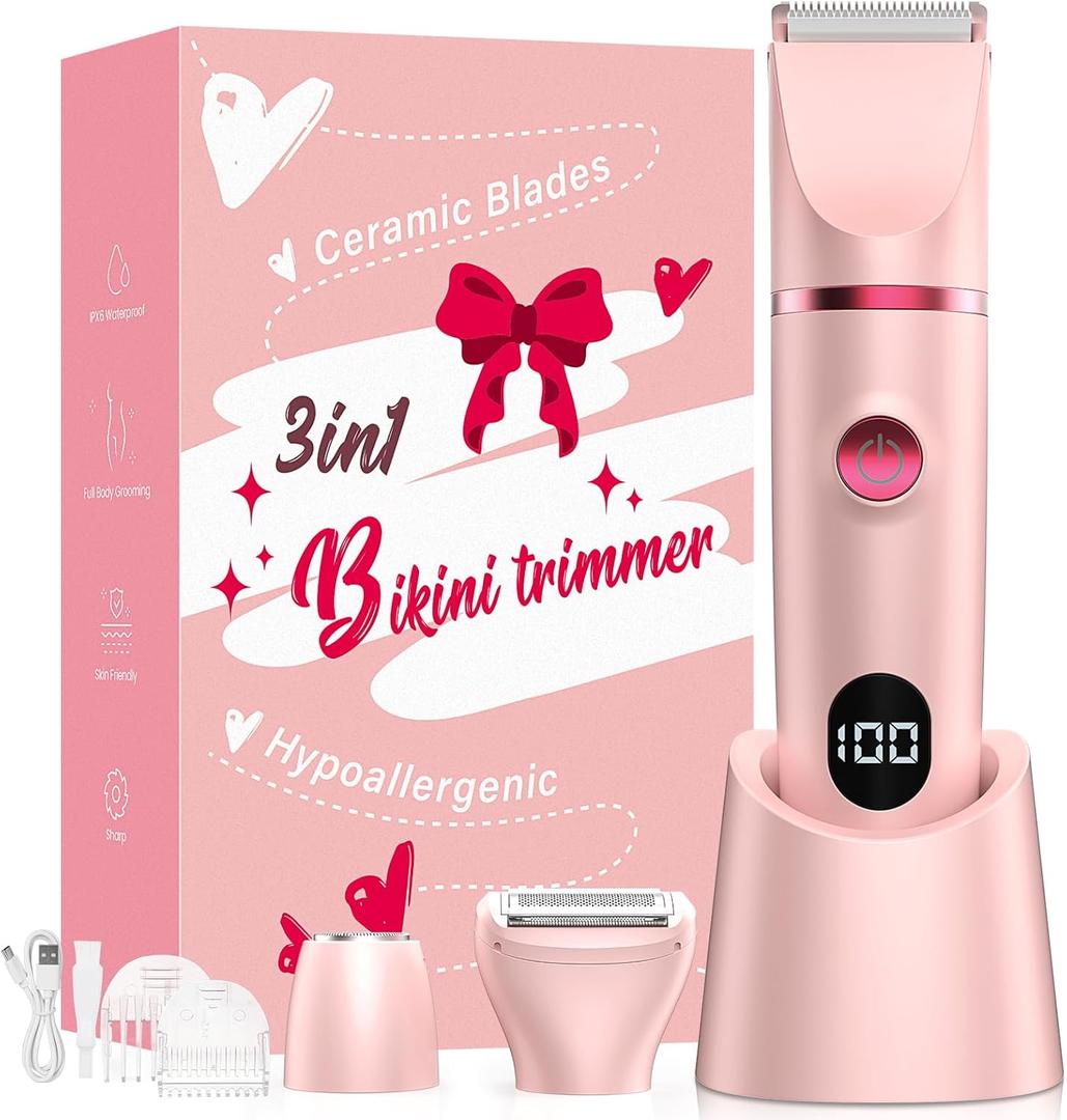 Bikini Trimmer for Women, 3-in-1 Electric Razor, IPX7 Waterproof Ceramic Blades, Wet & Dry Use, LED Display, Painless Shaver for Bikini, Face, Underarms, Legs, Home Travel (Pink)