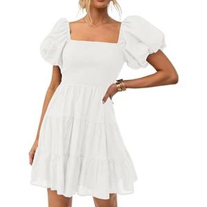 ZESICA Women's Boho 2026 Summer Square Neck Puff Sleeve Off Shoulder Smocked Tiered Casual A Line Short Mini Dress XXL