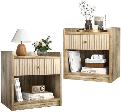 Nidouillet Nightstands Set of 2, Bedside Tables with Drawer, Night Stand Bed Side End Table with Open Storage for Farmhouse Bedroom Living Room Small Space