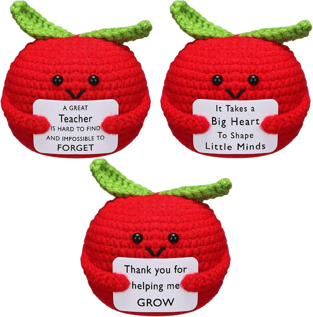 Wavwavw 3 Pcs Teacher Appreciation Gift Positive Flower Handmade Crochet Doll Thank You for Helping Me Grow Gift Teacher Appreciation Week Gifts for Women(Apple)